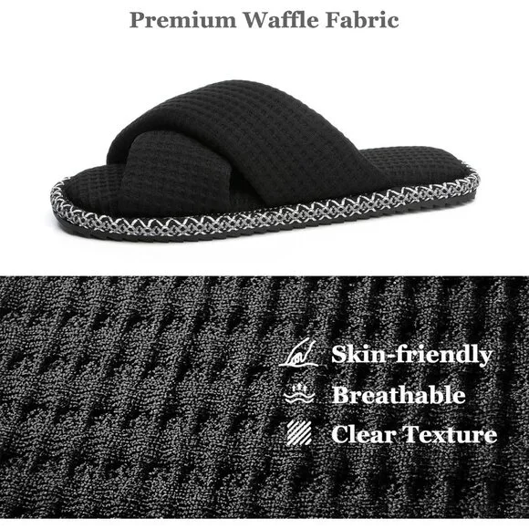 ⚡Women Boho Waffle Black Cotton Memory Foam Bedroom Corduroy Open Toe Shoes - Picture 4 of 6